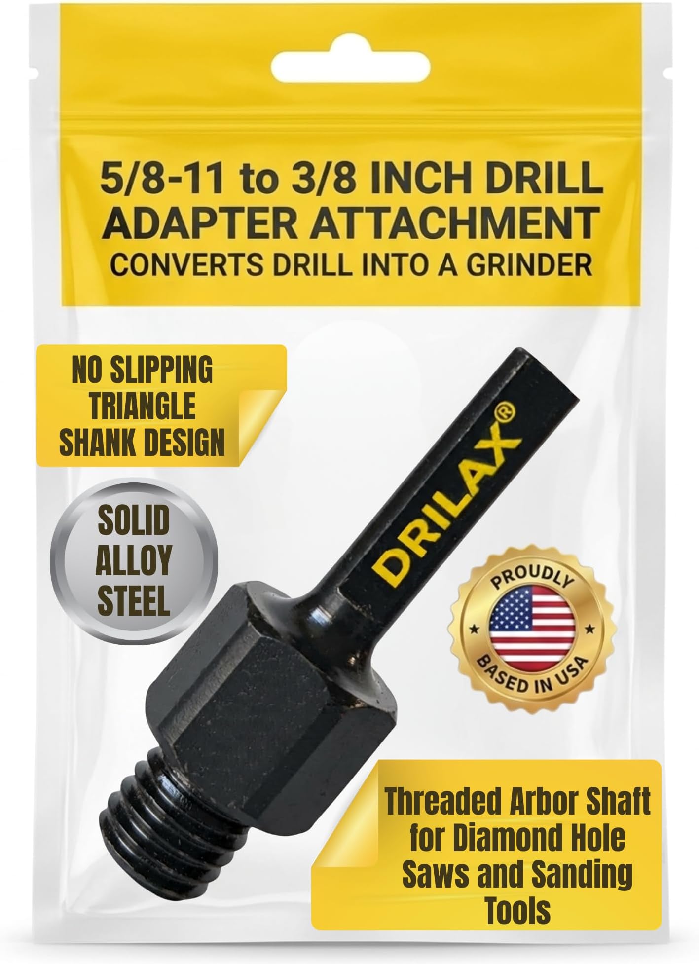 Drilax 5/8-11 to 3/8 inch Drill Adapter Attachment, Threaded Arbor Shaft for Diamond Hole Saws and Sanding Tools, 5/8-11 Male to 3/8 Triangle Shank Professional Results for Home Renovations DIY Jobs
