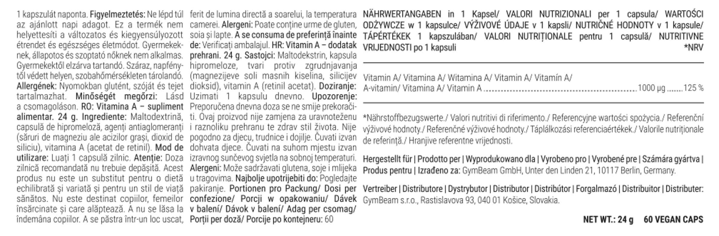 Vitamina A (Retinolo) - GymBeam 3000 µg Capsule per Sistema Immunitario, Salute di Pelle e Vista, Funzione delle Mucose, Metabolismo del Ferro e Differenziamento Cellulare, 60 cps