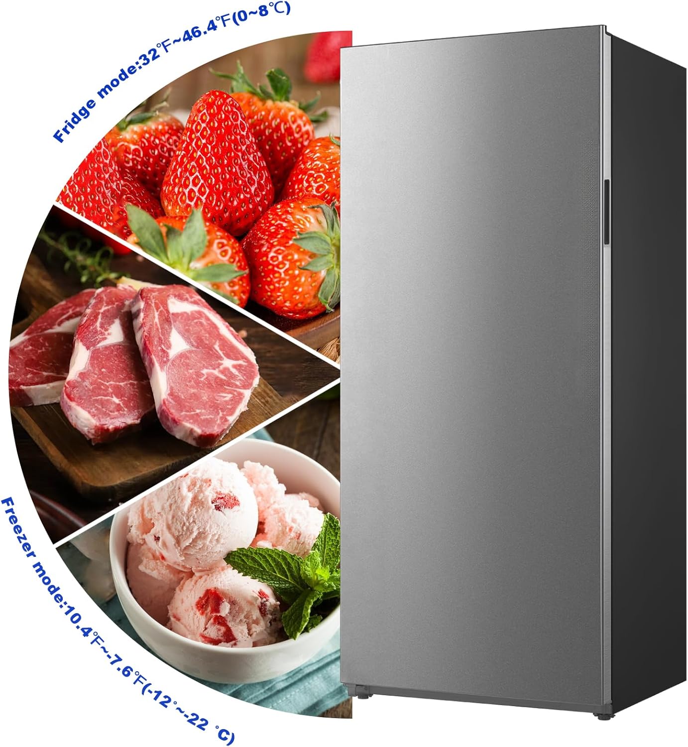Left Hinged Standing Upright freezers 21 cu.ft, Garage freezer/refrigerator 115v, Quick Freeze, Dual modes, Recessed Handle Single Door, Stainless Steel