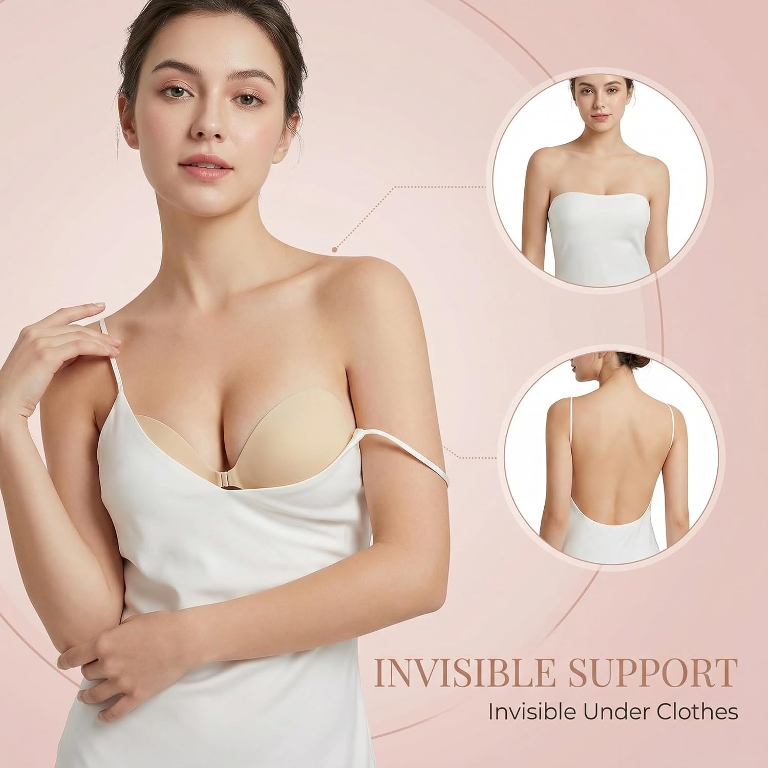 Invisible Strapless Sticky Bra for Women, Push Up Adhesive Bra for Backless Dress, Seamless Nipple Covers, Nude