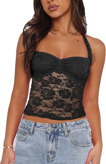 Women Y2k Lace Halter Neck Crop Tops Sexy See Through Going Out Tops Cute Backless Sheer Tank Mesh Cami Shirt