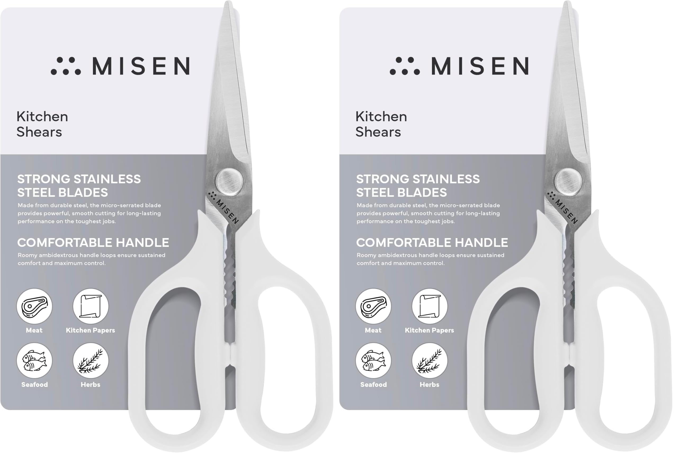 Misen Heavy Duty Kitchen Shears - Comfortable Ambidextrous Scissors for Meat, Poultry, Herbs &amp; More - Easy to Clean - German Stainless Steel - Small | White (Pack of 2)
