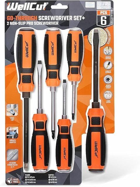 WELLCUT 6 pcs Heavy Duty Go-Through Precision Screwdriver Set Slotted & Philips-Head Hand Tools with Diamond Coating for DIY and Electricians Tool Set