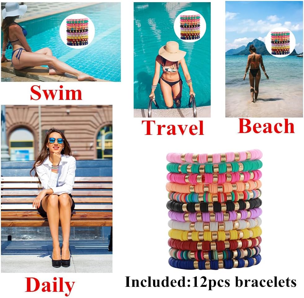 12pcs Friendship Bracelets Beaded Bracelets Heishi Bracelet Cute Bracelets Stack Vinyl Clay Disc Bead Surfer Stretch Summer Beach Bracelets For Women Preppy Bracelets - Image 7