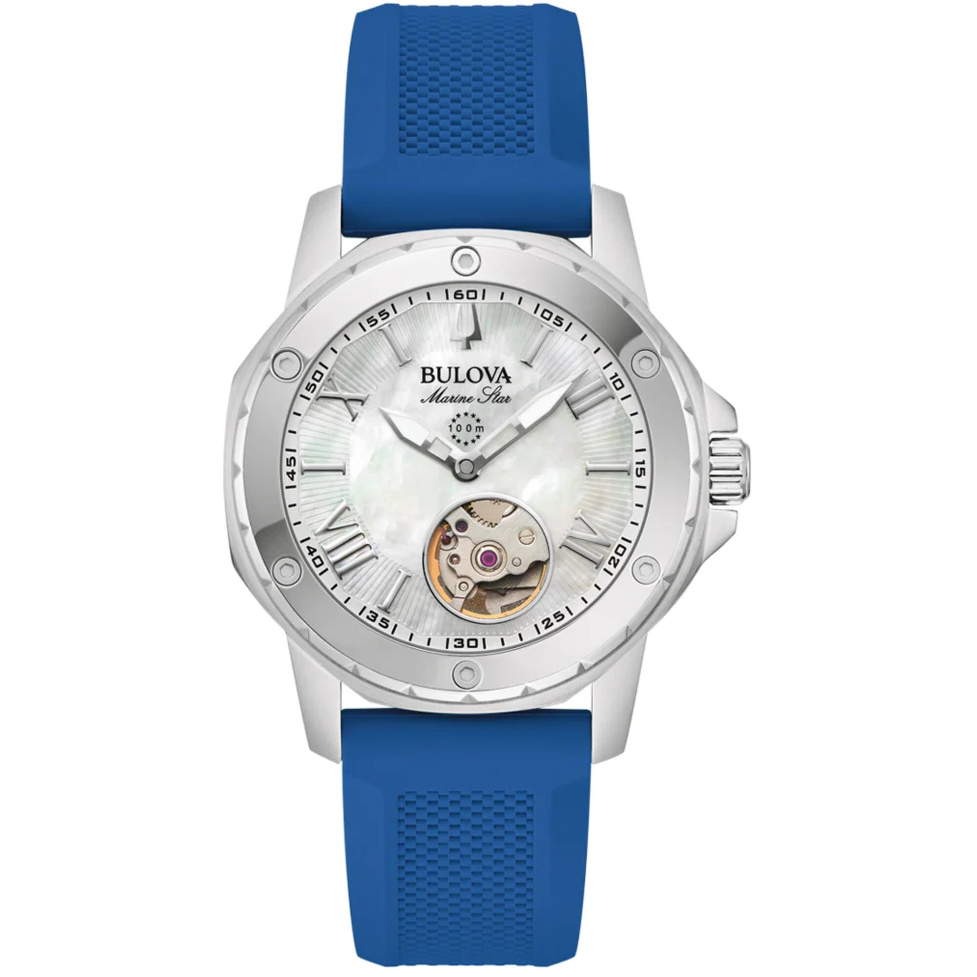 Bulova Marine Star Automatic Uhr für Damen in der Farbe Blau mit Armband aus Silikon, Wasserdichtigkeit: 10 bar, Gehäusedurchmesser: 35 mm, 96L324