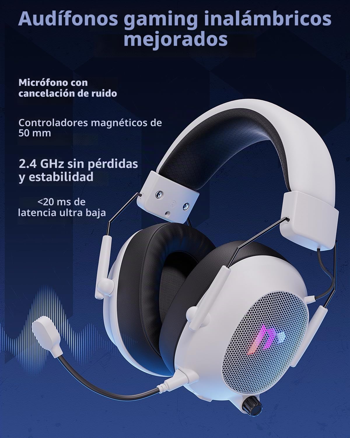 Auriculares inalámbricos para juegos Mytrix Tac Master de 2,4 GHz con micrófono con cancelación de ruido para PC, PS4, PS5, Mac, auriculares para juegos RGB Bluetooth 5.3, batería de 50 horas (blanco)