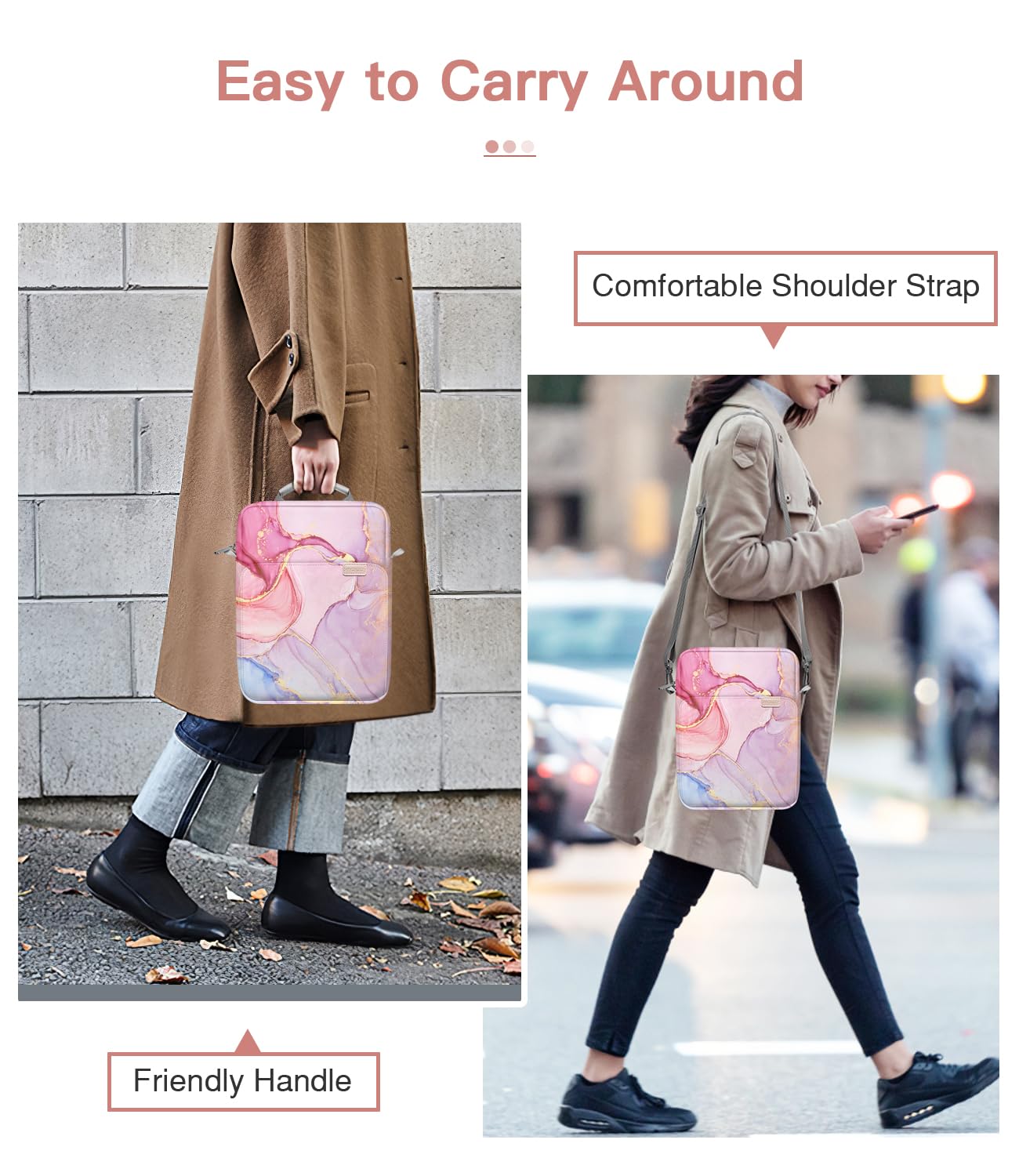 MoKo 9-11 pollici Tablet Sleeve Borsa Maniglia Custodia da trasporto con tracolla Adatto a 11 pollici iPad Air M3, iPad A16 2025, Pro 11", i-Pad 10/9/8/7th Gen, Tab S8/S9 11", Rosa nuvoloso