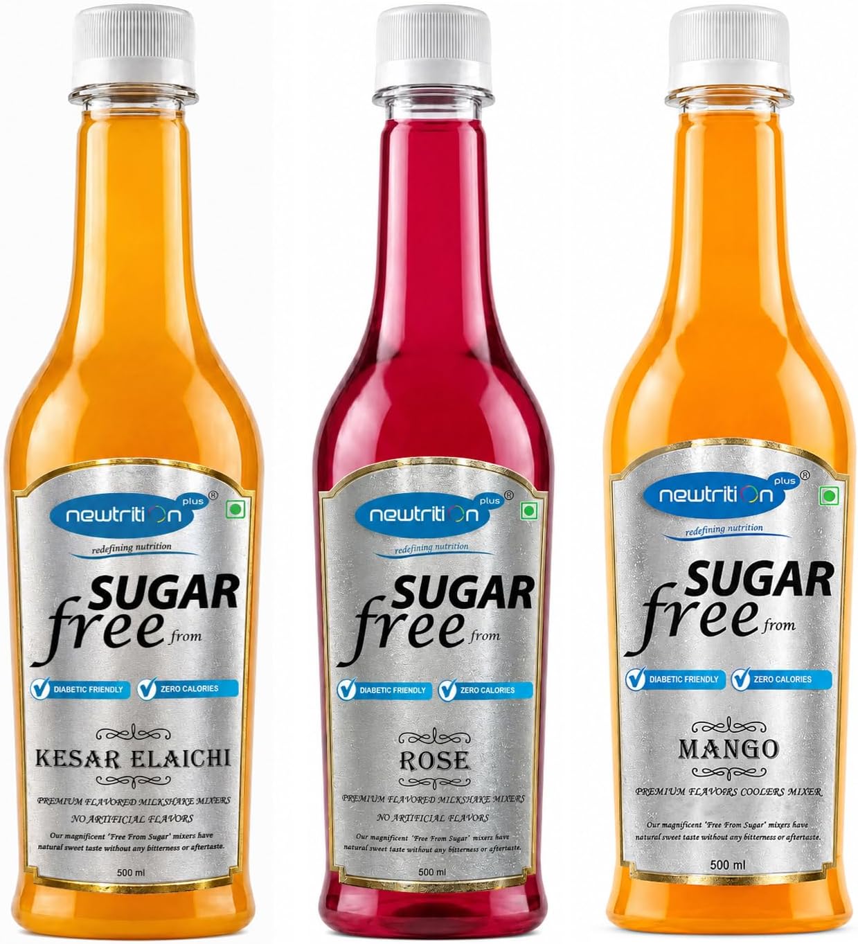 Newtrition Plus Redefining Nutrition Sugar Free Premium Flavoured Rose, Kesar & Mango Mixers Syrub, (500 ml Pack of 3)