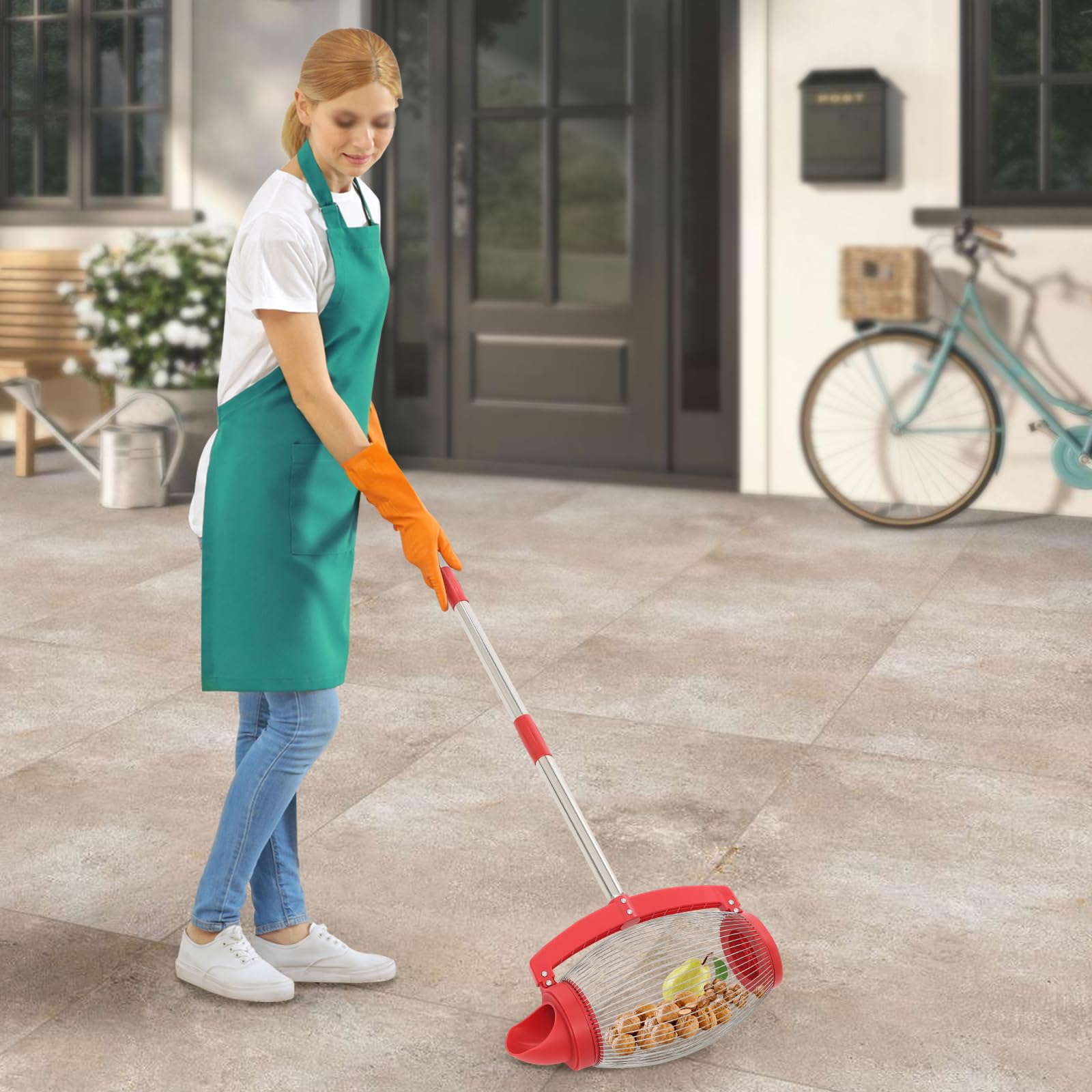 Recogedor de nueces con bolsa de 15 l, recogedor de bolas para recoger nueces y bellotas, recogedor de frutas del suelo con mango telescópico (43-112 cm), recogedor de bolas de acero