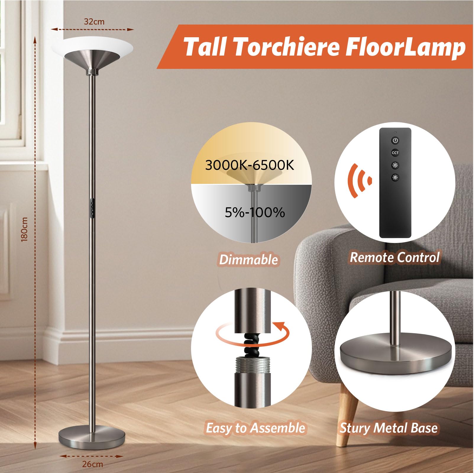 BBHome Lampadaire LED 27W Dimmable avec Télécommande et Tactile 3000K-6500K Salon Moderne Argent