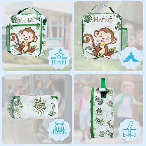 Miniatura 6 de Clastyle Bolsa de almuerzo aislada para niños y niñas, lonchera escolar con diseño de mono marrón, linda bolsa enfriadora para picnic al aire libre,