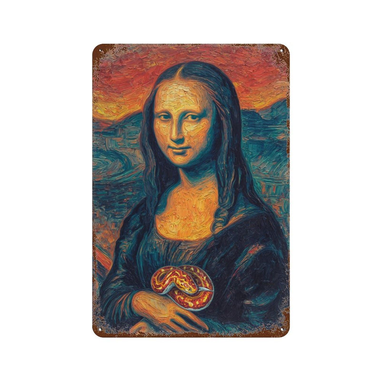 Mona Lisa with Snake Art Print Retro Metal Sign 11.8"x7.9", for Patio, Garden Room And Bar Decor, Vintage Wall Decor