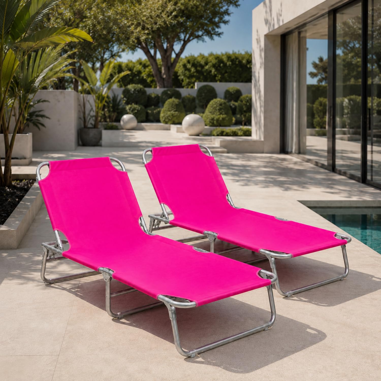 Coppia Di Lettini Pieghevoli Prendisole Senza Tettuccio Parasole Schienale Reclinabile Regolabile Struttura In Metallo Sedia Sdraio Per Spiaggia Mare Giardino Piscina Rosa