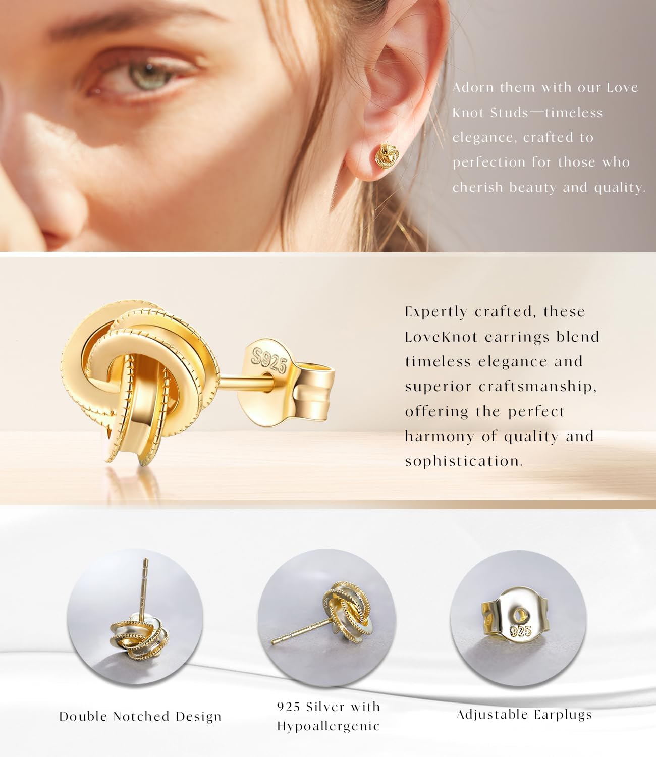 Gold Plated Sterling Silver Studs Love Knot Earrings For Women | Hypoallergenic & Nickle Free Jewelry for Sensitive Ears - Image 5