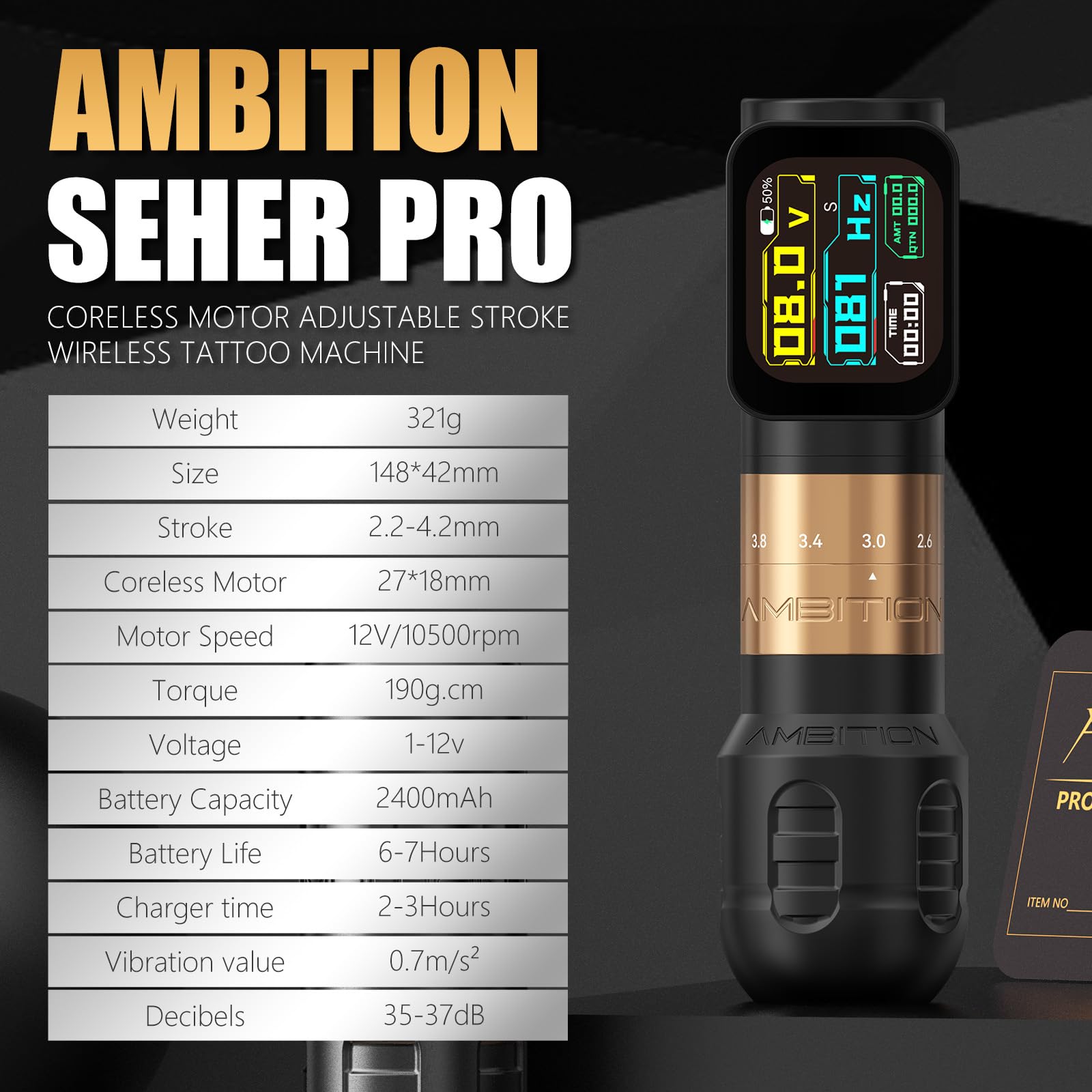 Ambition Seher Pro Tattoo Gun Wireless Tattoo Pen Machne with Dual 2400mAh Billing Function Battery, Adjustable Stroke Rotary Coreless Motor 42mm Grip Tattoo Supply for Professional Artists