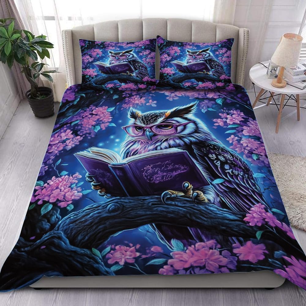 Funny Owl Reading Book Bedding Set, Twin Full King Queen Size Owl Bedding, Bird Duvet Cover for Bed Ultra Soft Lightweight for Men Women