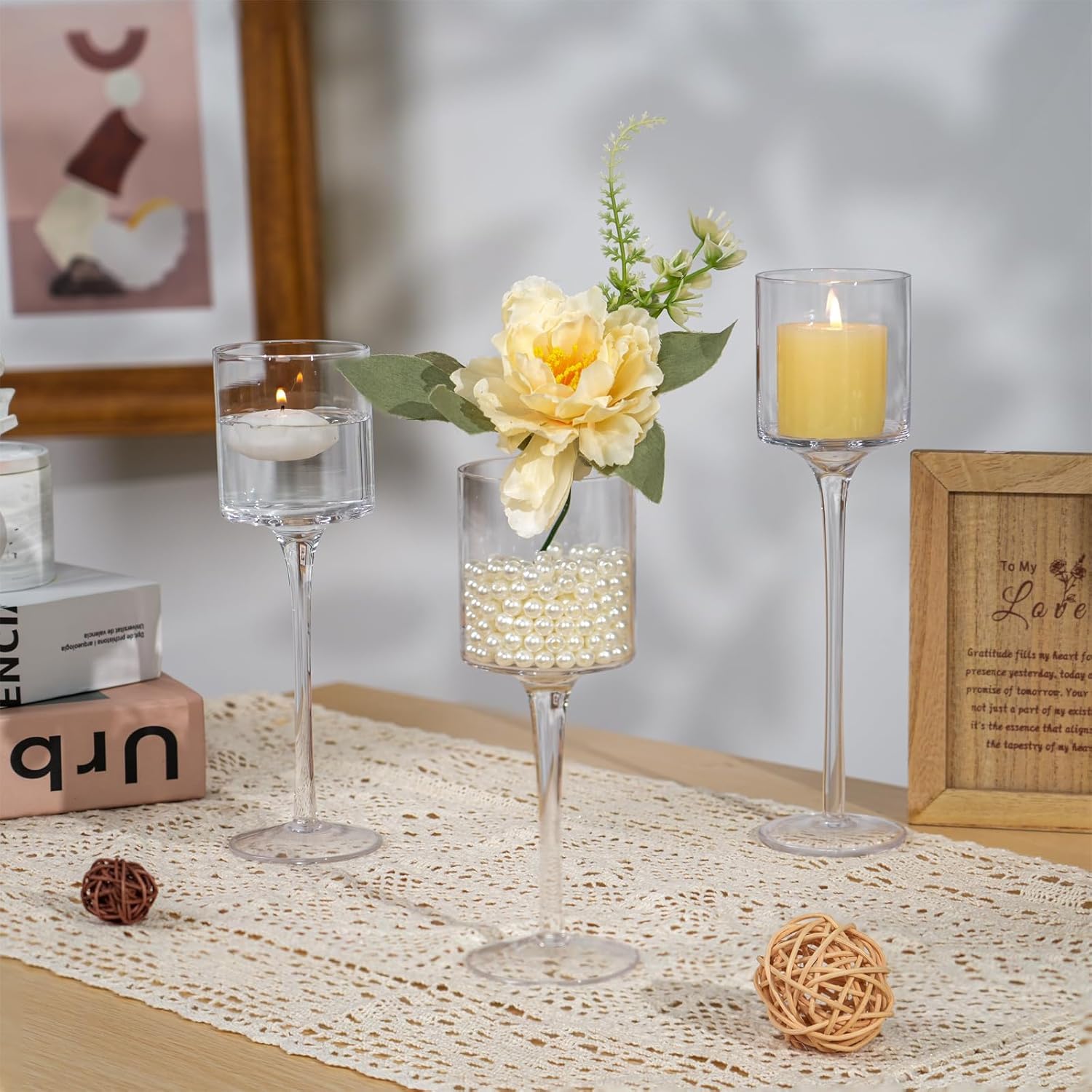Glass Candle Holders - Set of 3 for Table Centerpiece -7