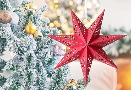 Miniatura 4 de Farol de estrella de papel hueco para colgar pantalla de estrella para Halloween, Navidad, celebración de fiestas (A, rojo)