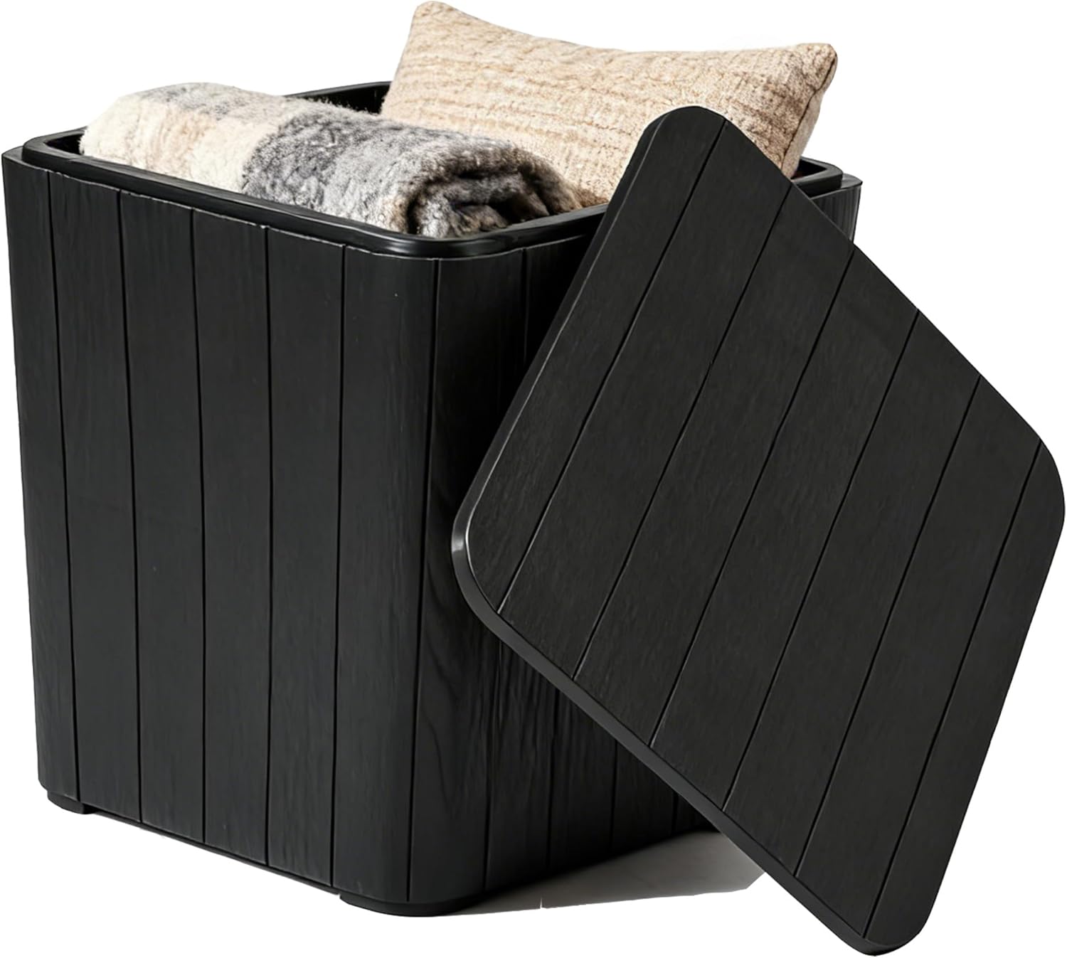 YITAHOME Resin Outdoor Deck Box, 11.5 Gallon Outdoor Storage Box with Removable Lid, Waterproof Outdoor Side Table for Cushions, Pool Supplies(Black, Wood Panel)