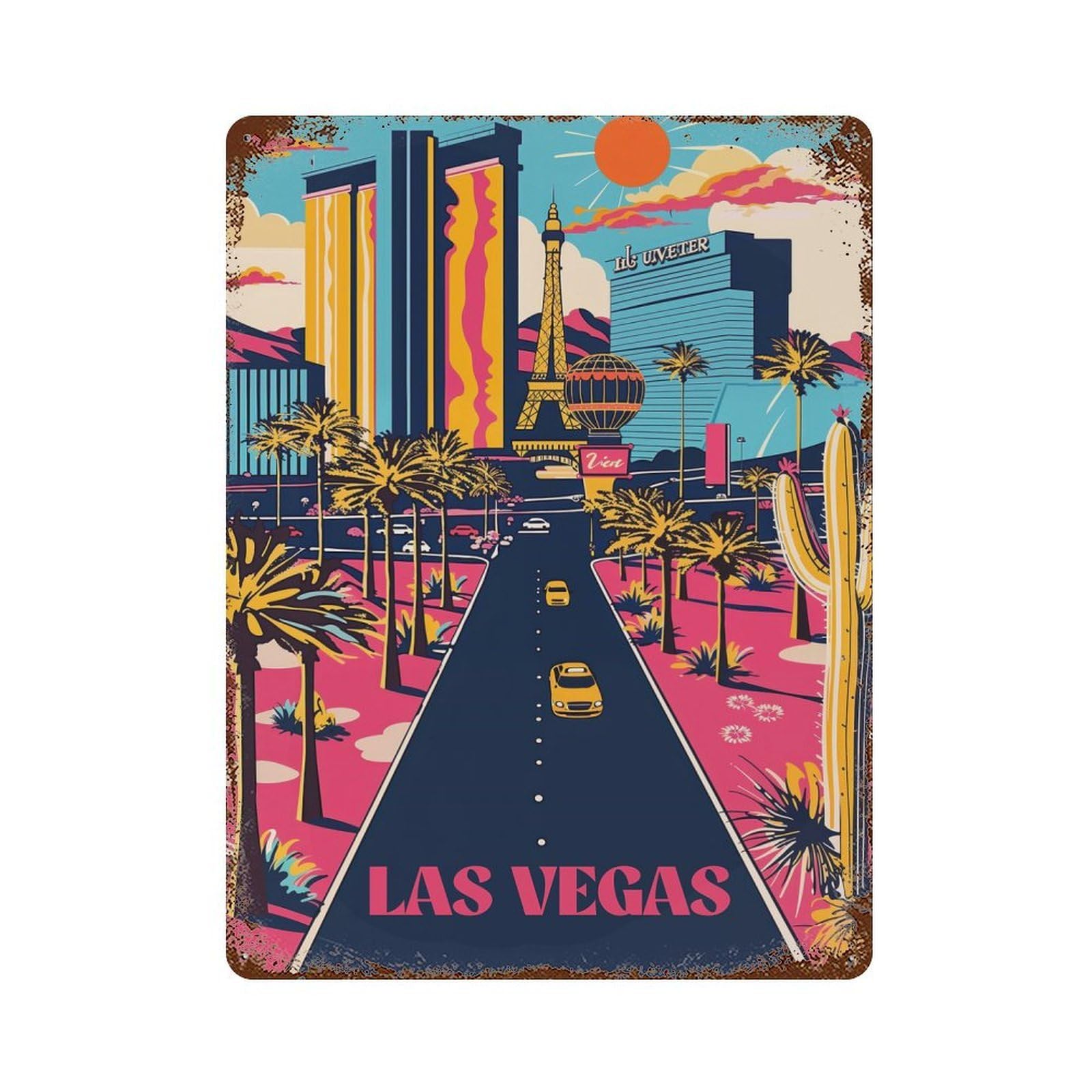 Decorative Tin Sign Neon Vegas Strip 15.7"x11.8", Vintage Wall Decor for Pub, Kitchen And Man Cave Decor