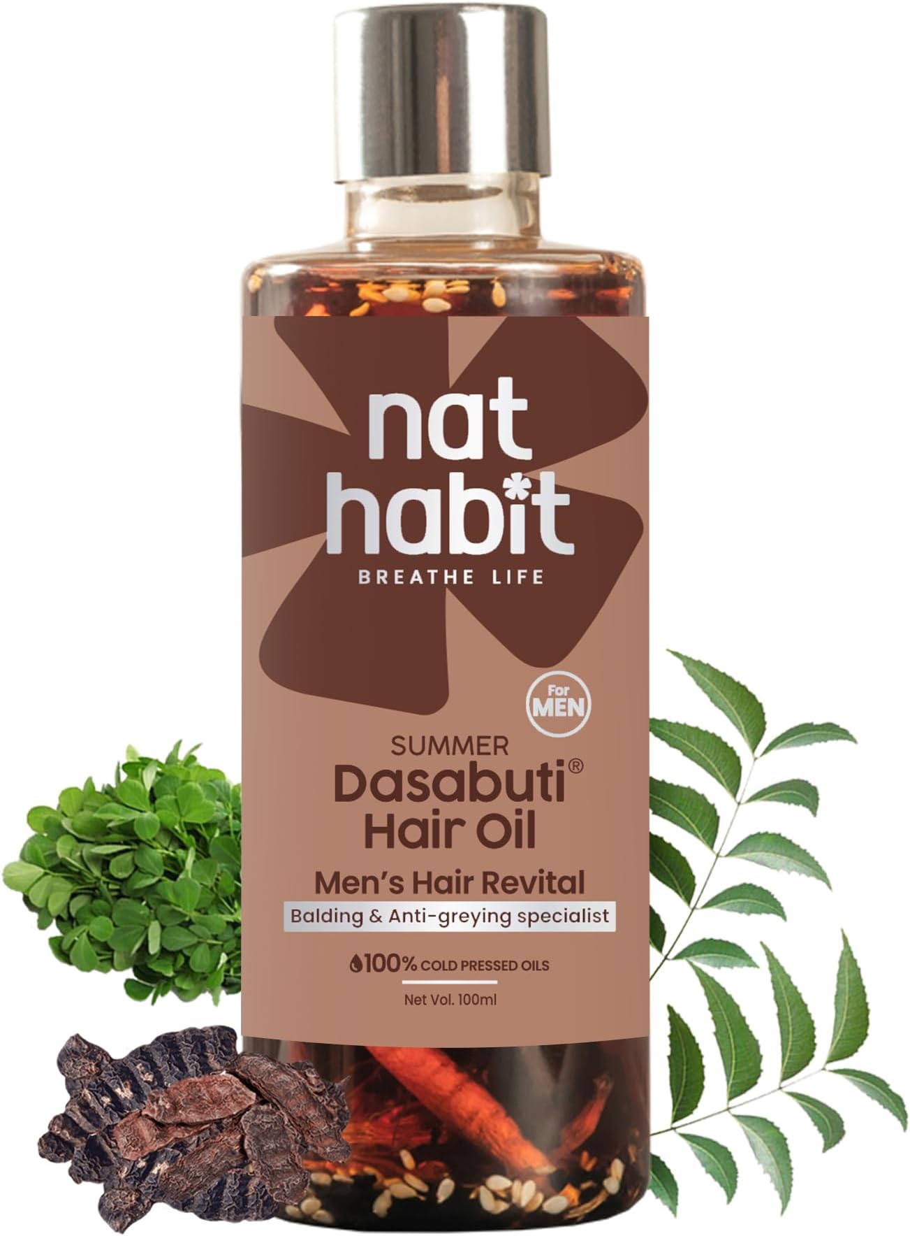 Nat Habit - Back To Natural Secrets Everyday Men's Revital Summer Dasabuti Hair Oil For Hairfall & Dandruff Control, Scalp Massage With Fresh 16 Herbs, Castor, Coconut, Amla, 200ml