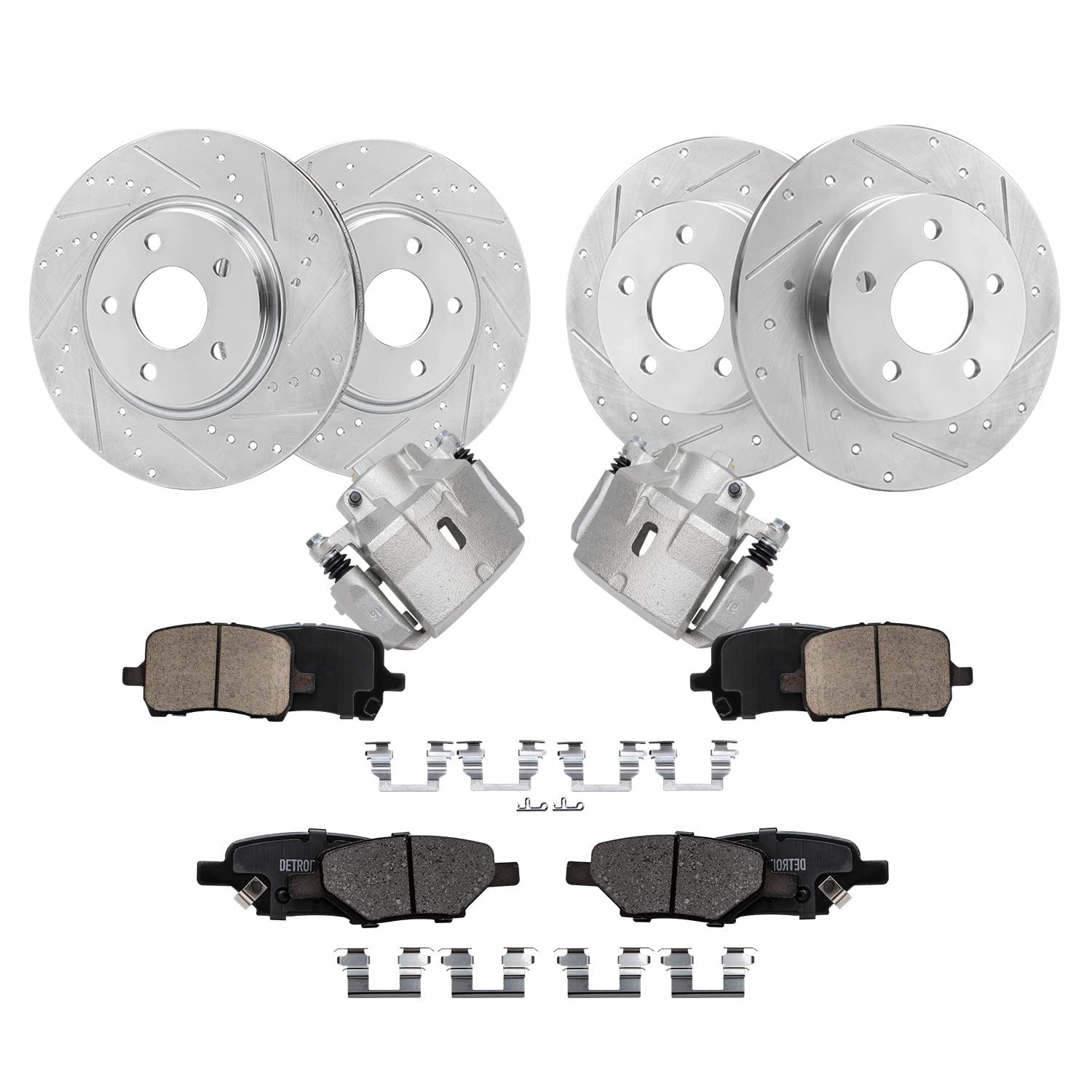 Detroit Axle - Brake Kit for Chevrolet Malibu Pontiac G6 Saturn Aura | Drilled and Slotted Brake Rotors Brake Pads Front Brake Calipers Replacement 11.65" inch Front and 10.63" inch Rear Rotor