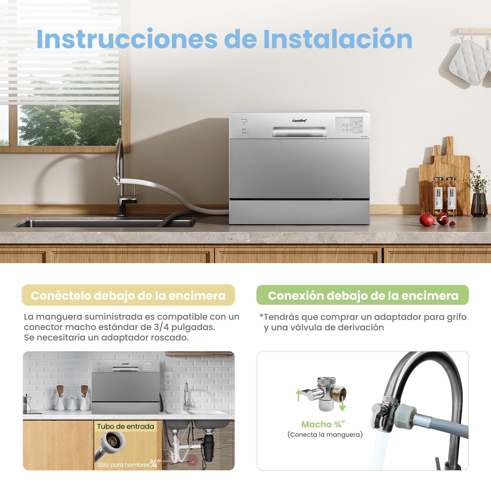 COMFEE' CDWMT0602ESD-EU Lavavajillas Compacto, 6 Cubiertos,6 Programas | Ciclo Intensivo 70°C, Inicio Diferido 24H, Apertura Automática, 47dB Silencioso, Clase D, Pantalla LED, Plateado