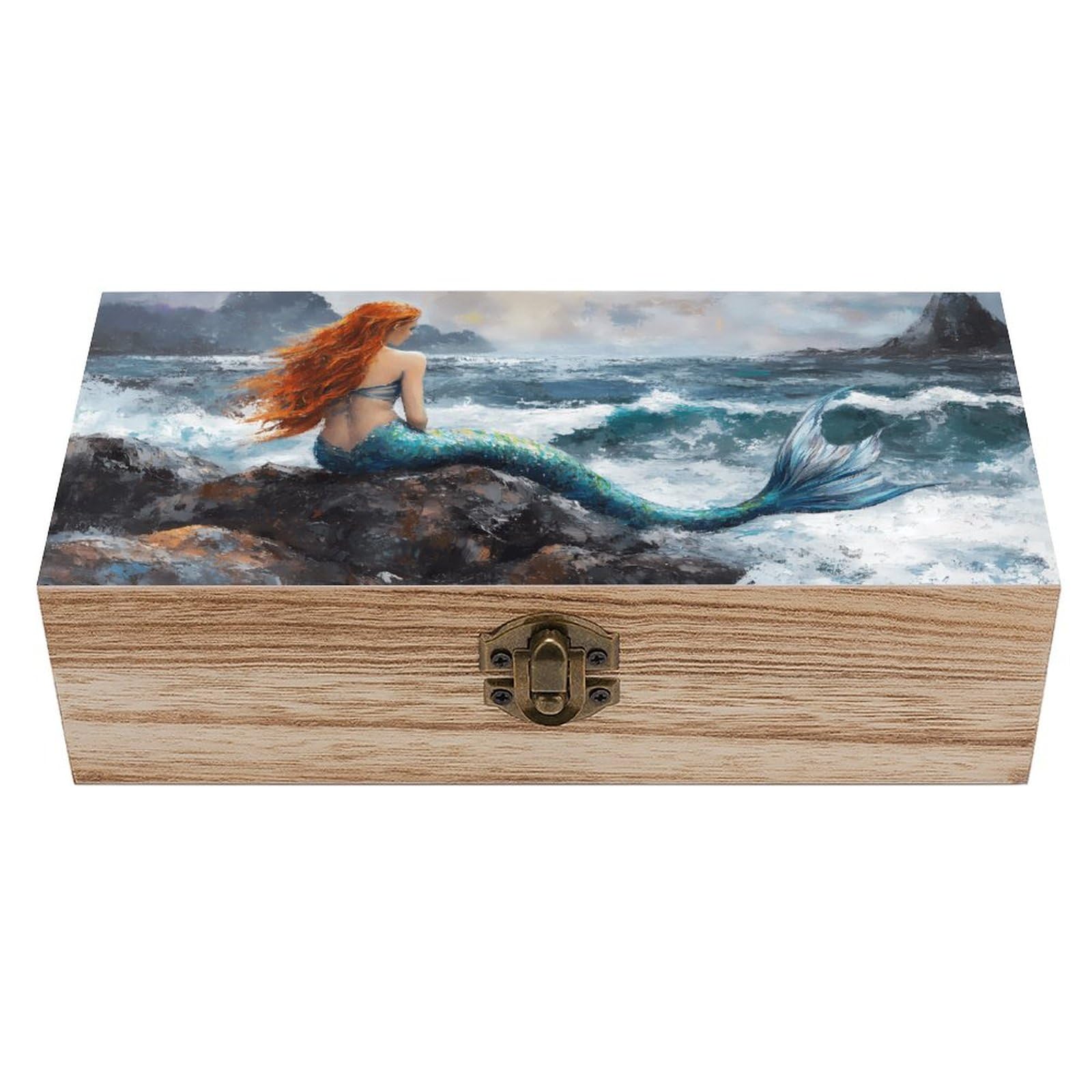 Smazdfxx As Pic Mermaid Storm Sea Rocks Wooden Jewelry Box With Hinged Lid Keepsake Fashion Treasure Chest Boxes Craft Stash Boxes