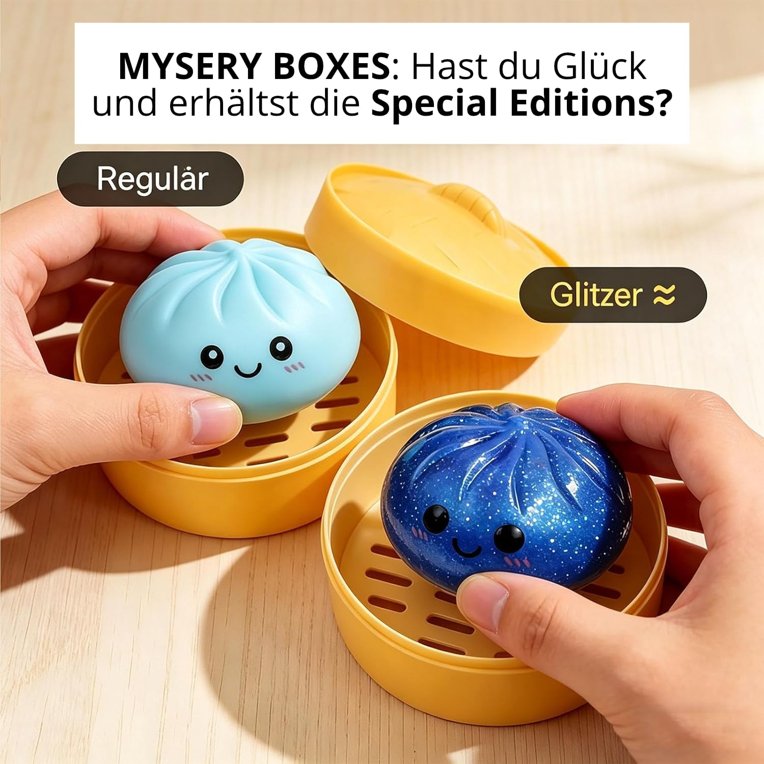 Dumpling Squishy Mystery mit Dampfgarer-Box, 2er, 9,5cm Durchmesser, Anti Stress Spielzeug zum Quetschen, weiches Squeeze Toy, zufällige Variante, Geschenkidee für Kinder und Erwachsene (2) - 2