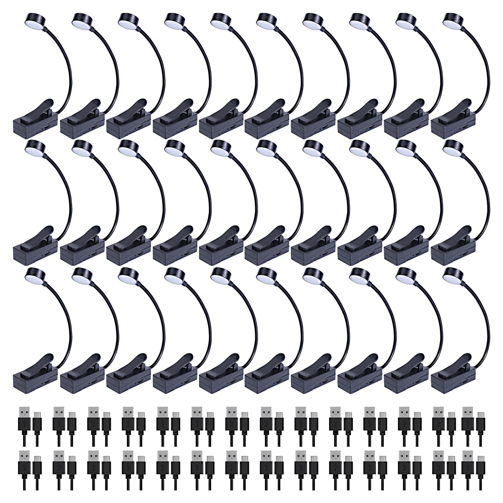 KunHe Paquete de 30 luces de lectura recargables a granel para libros en la cama de larga duración, 3 modos y 3 niveles de brillo, mini linternas compactas de carga USB para niños, amantes de los