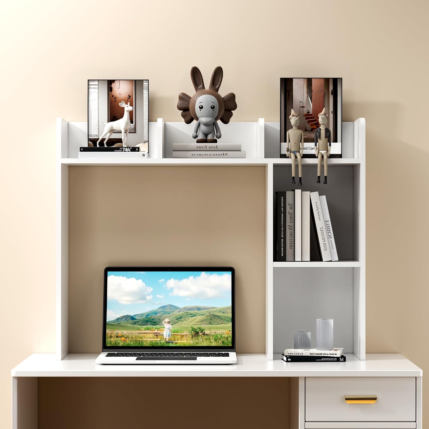Desktop Bookshelf for Computer Desk, 5 Shelves Desk Hutch Shelf for College Dorm, 3-Tiers Countertop Storage Hutch, Wooden Desktop Hutch Organizer