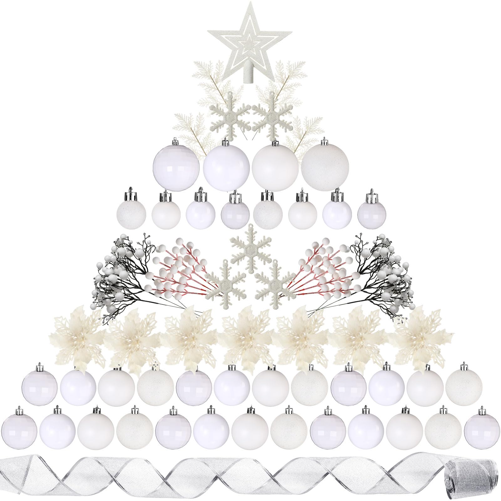 Lot de 94 décorations de sapin de Noël comprenant des boules de Noël à paillettes - Fleurs poinsettia à paillettes - Baies et tiges pour Noël, vacances, mariage (blanc)