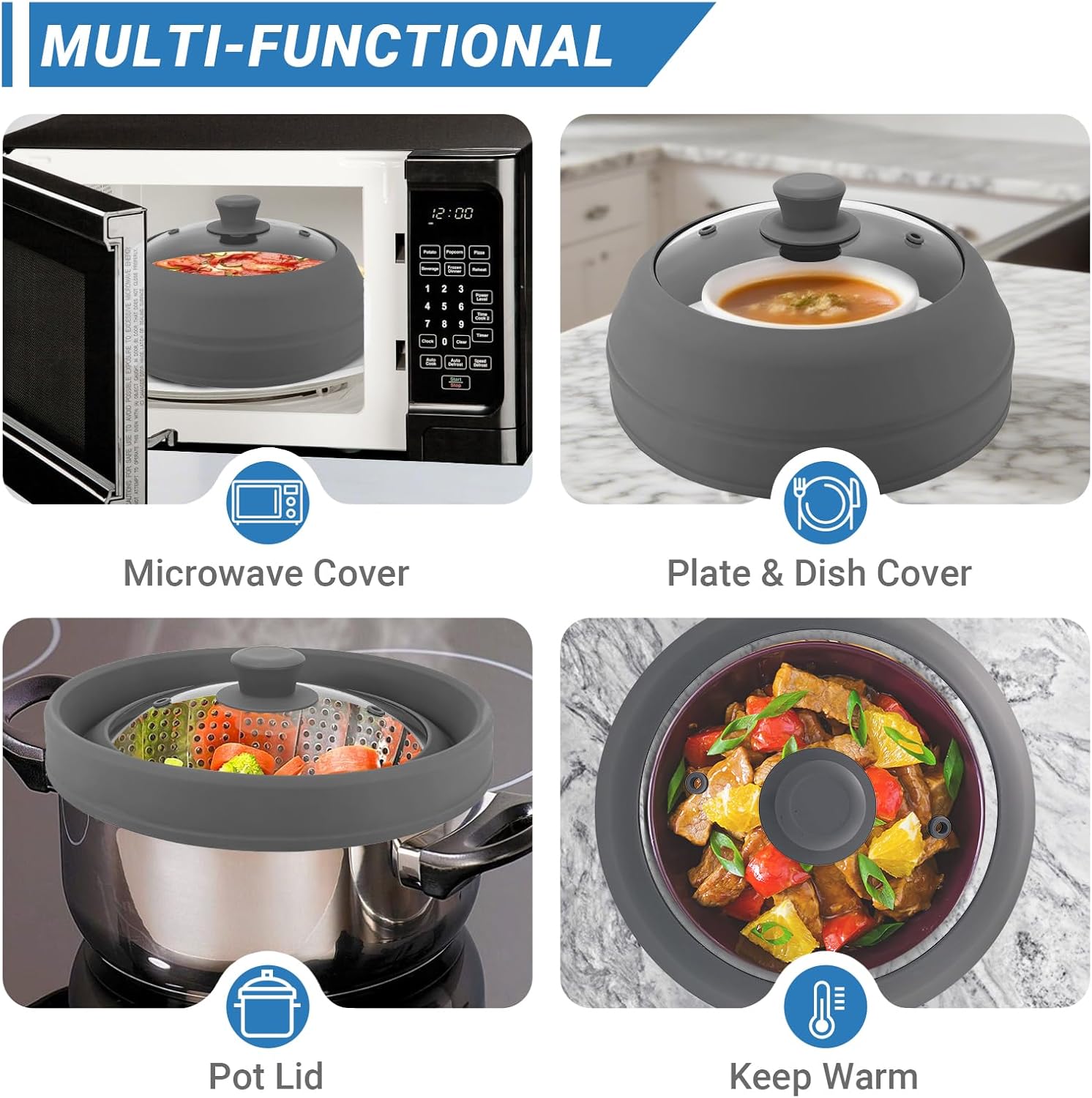 Glass Microwave Cover for Food, 10.5 Inch Collapsible Silicone Microwave Splatter Cover, Microwave Splatter Cover Glass, Microwave Food Cover for Pot Plate, Heat Resistant, BPA-Free, Dishwasher Safe