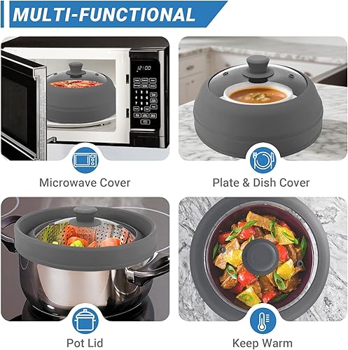 Miniatura 5 de Cubierta de vidrio para microondas para alimentos, cubierta plegable de silicona para salpicaduras de microondas de 10.5 pulgadas, cubierta de