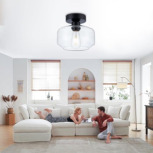 Miniatura 2 de Luces de techo semiempotradas simples y elegantes, base de metal negro de vidrio transparente que incluye bombilla LED de 900 lúmenes, lámpara de