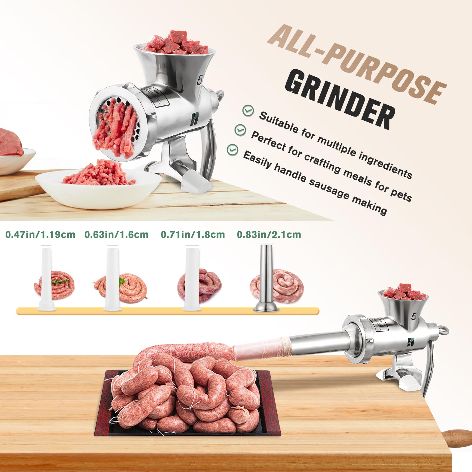 Huanyu Picadora de carne manual de acero inoxidable con embutidor de salchichas y accesorio para galletas. Picadora de carne manual apta para lavavajillas (n.º 5)