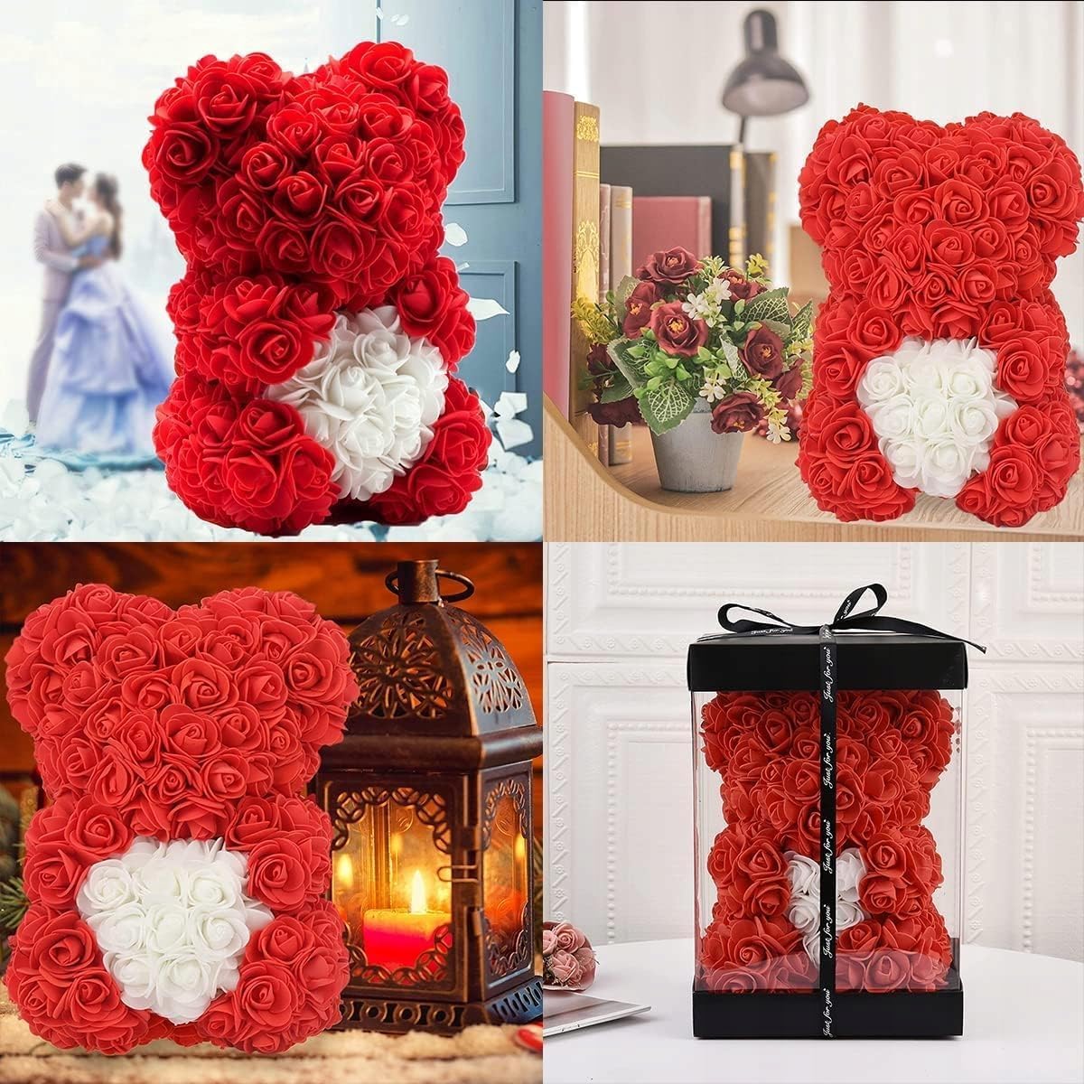 Orso di Rose con cuore rosso 40cm, fatto con Rose, già confezionato regalo per San Valentino, orsetto per fidanzata, Amica, orsacchiotto, teddy bear in Italia (ROSSO CUORE BIANCO, 40cm)