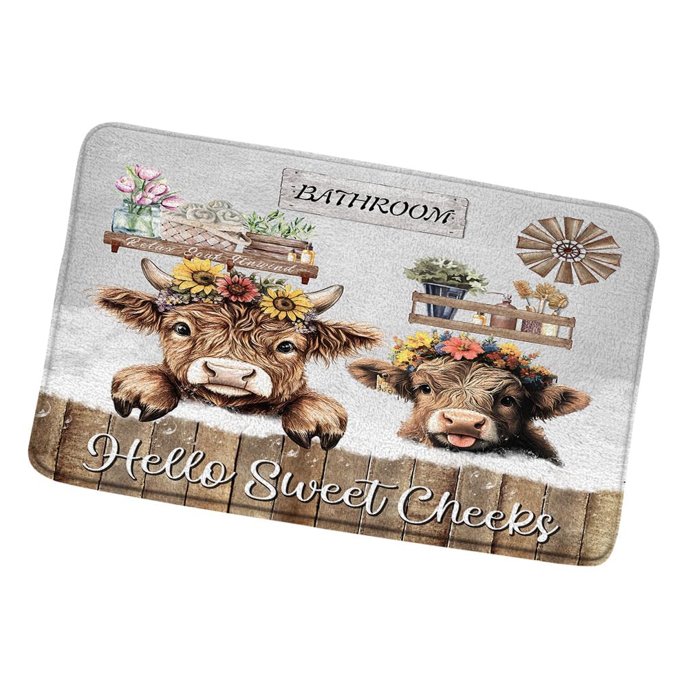 ZZYSKS Farmhouse Highland Cow Bath Mat Western Spring Rustic Funny Calf Country Bull Farm Animal Wood Tropical Floral Flower Plant Botanical Bathroom