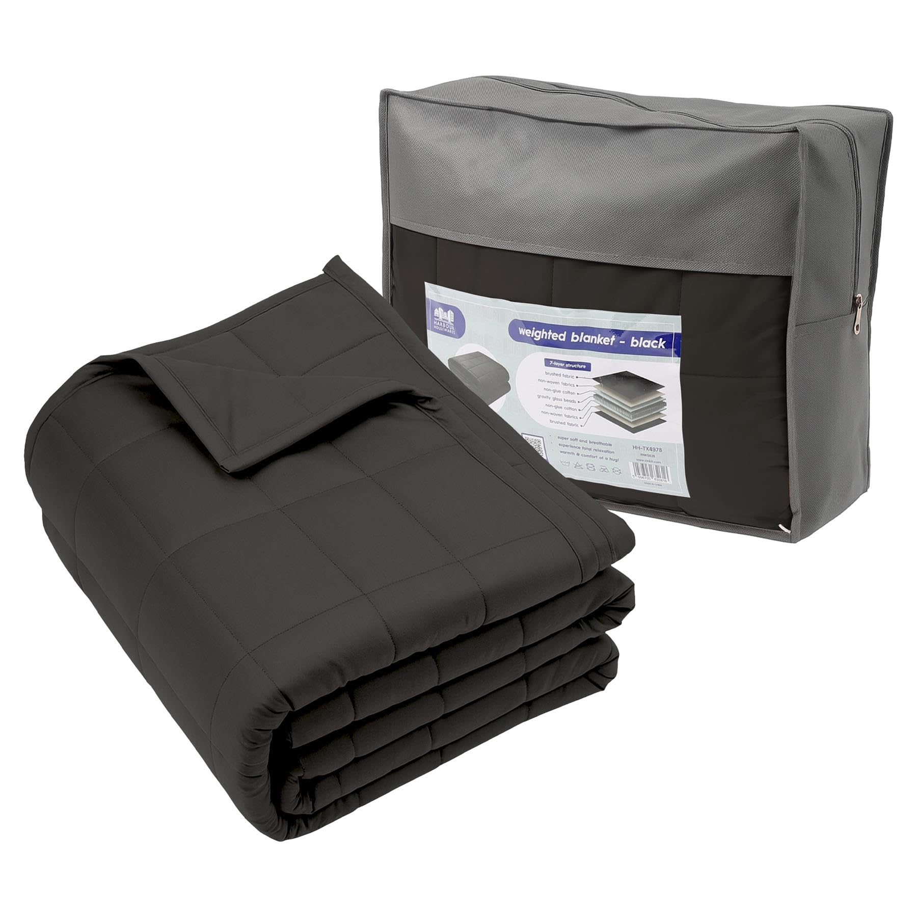 Harbour Housewares Weighted Blanket 8kg with Storage Bag – 150x200cm Black Weight Blanket for Anxiety, Stress Relief & Deep Sleep – Soft Fabric Calming Throw with Glass Bead Filling