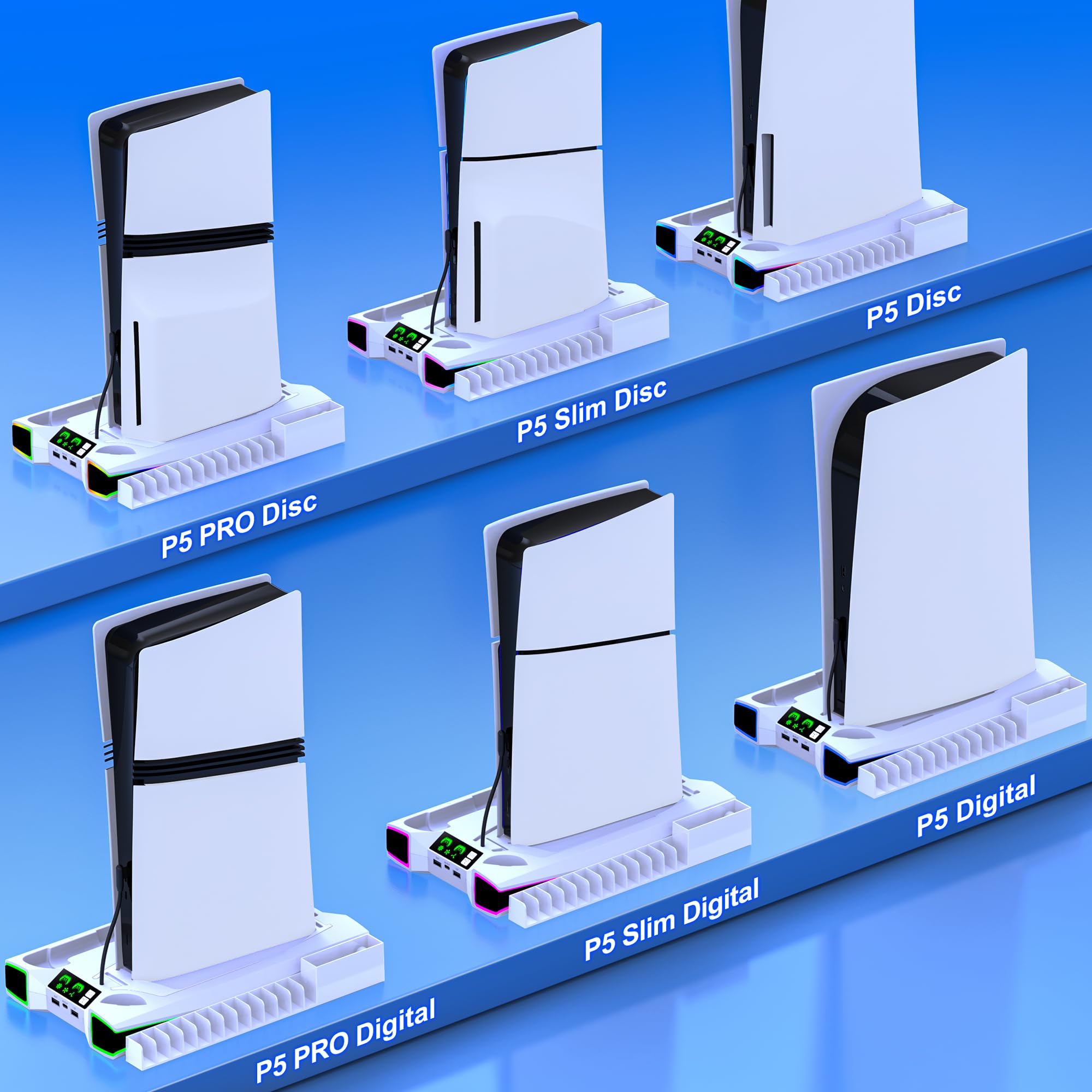 Kawaye Stacja chłodząca PS5 Stand PS5 do konsoli PlayStation 5/Pro/Slim, akcesoria PS5, pionowy stojak z wentylatorem chłodzącym 6.0 cm, światło RGB, podwójna ładowarka kontrolera, uchwyt zestawu