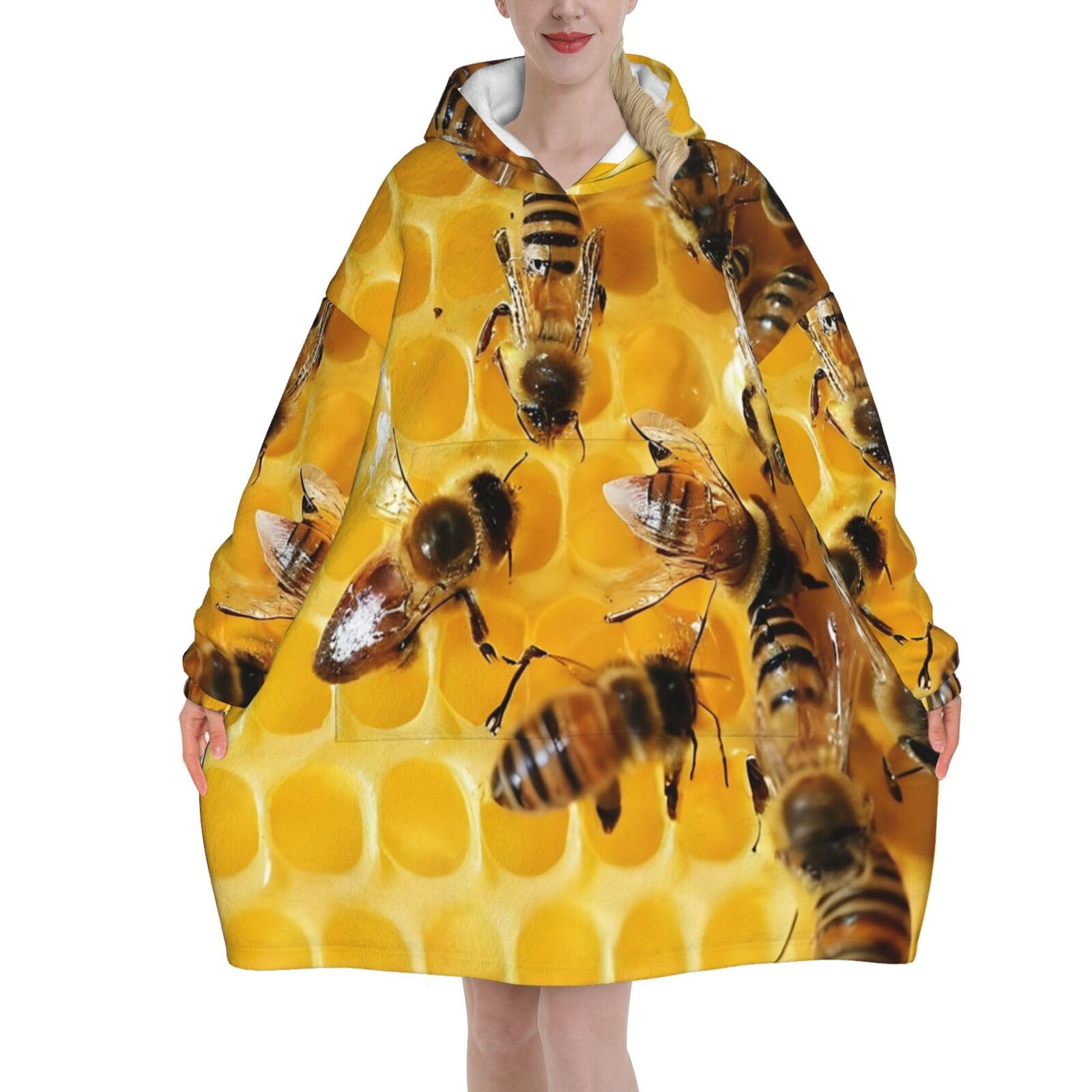 Cute Bees Hoodie Blanket Oversized Flannel Hoodie Super Soft Warm And Comfortable Blanket Sports Hoodie Ane Size Suitable For All Adult Men And Women
