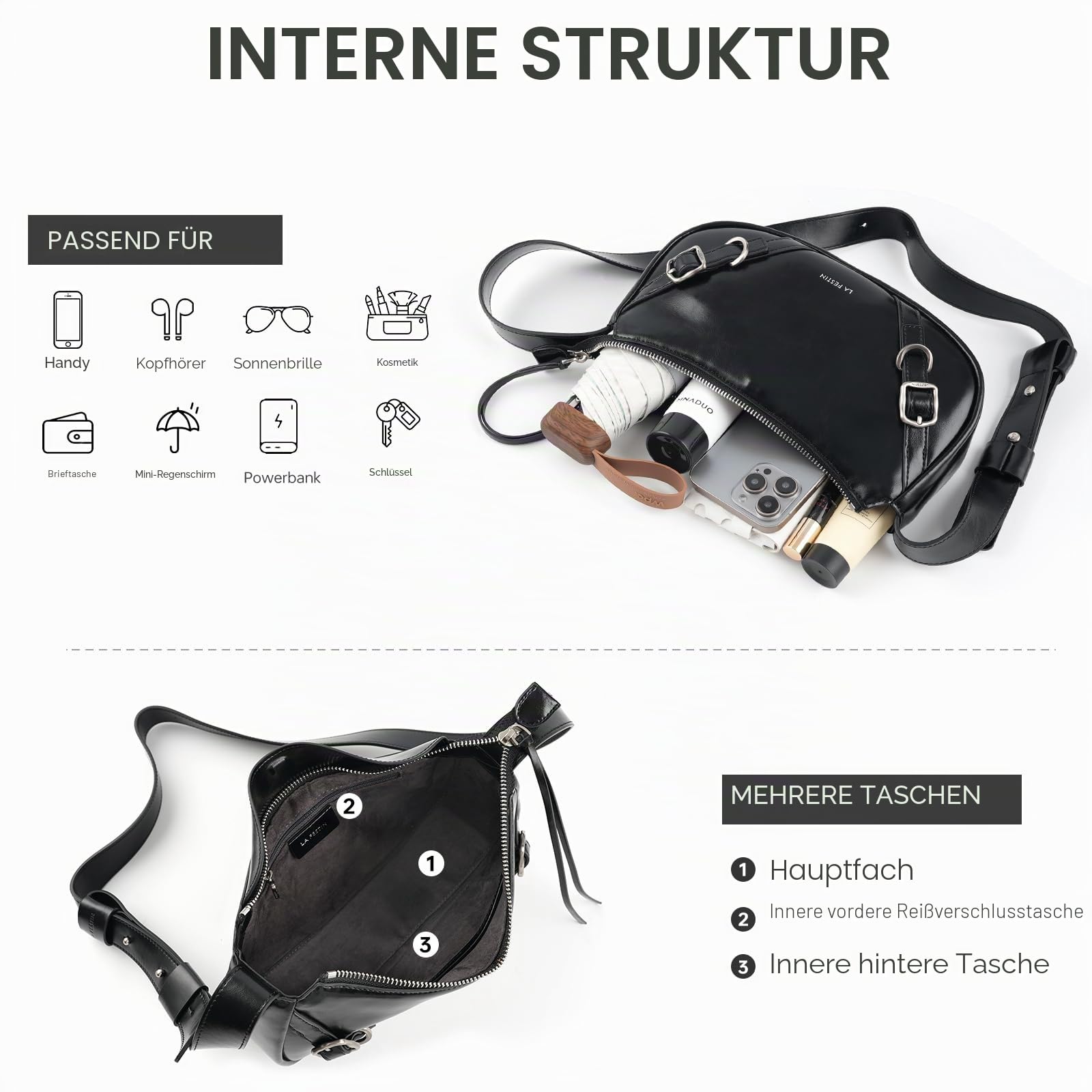 LA FESTIN Modische Umhängetasche für Damen, große Kapazität, echtes Leder, Achseln, Pendler