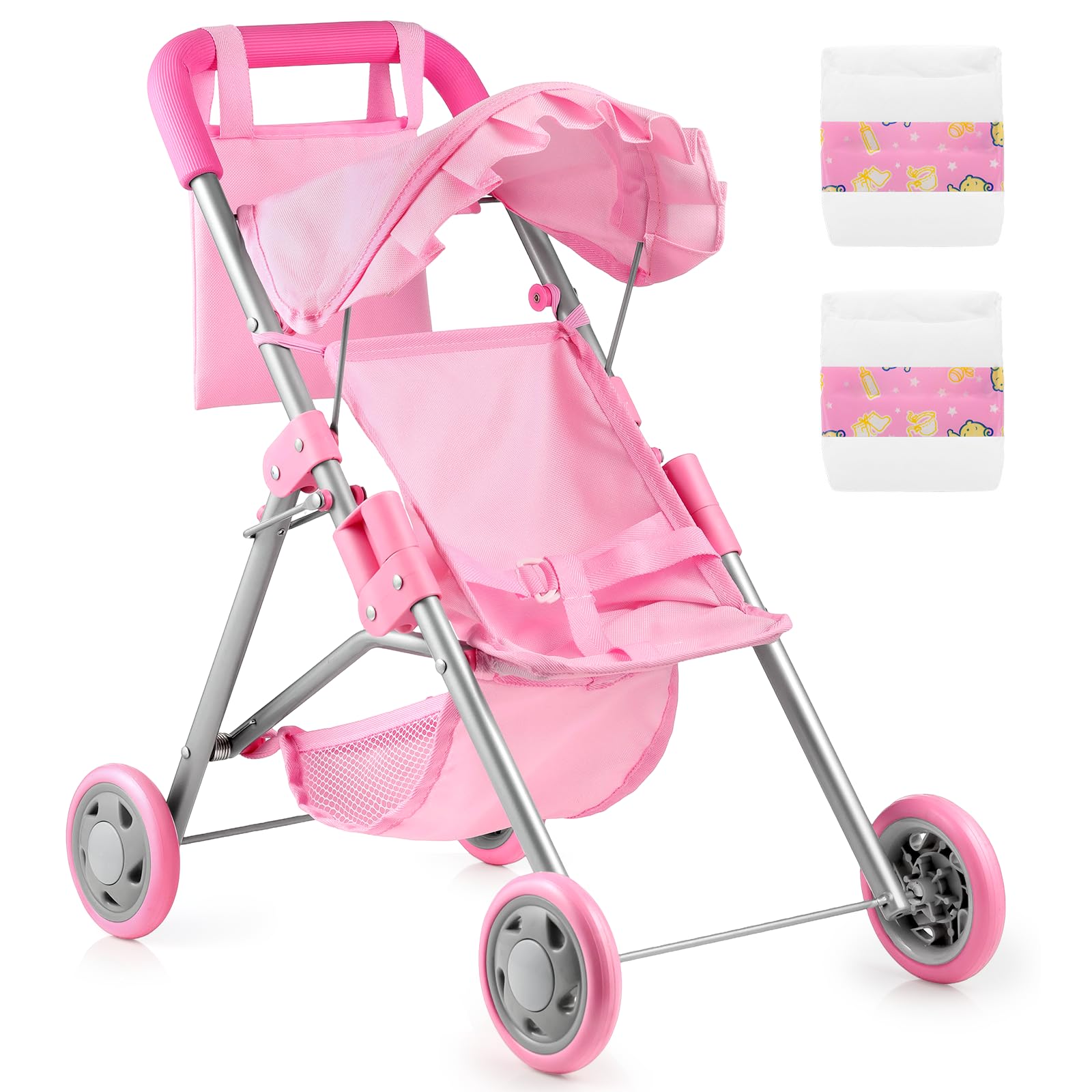 GAGAKU Baby Doll Pram for Toddlers, Foldable Toy Dolls Pushchair with Storage Basket and Bag, Diapers - Reborn Doll Accessories for Girls & Kids Ages 3+, Pink