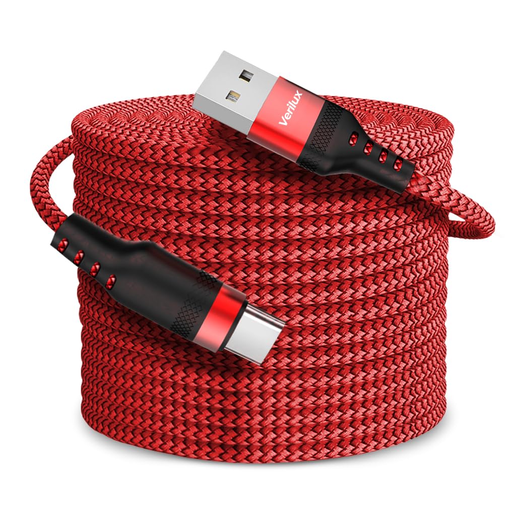 Verilux® 8M/26Ft Type C Cable, 10W USB to C Type Charger Cable, Nylon braided Ultra Long USB Cable C Type Charging Cable Compatible with iPhone 17/16/15, Tablet, PS5 & More Type C Devices, Red-picture-19