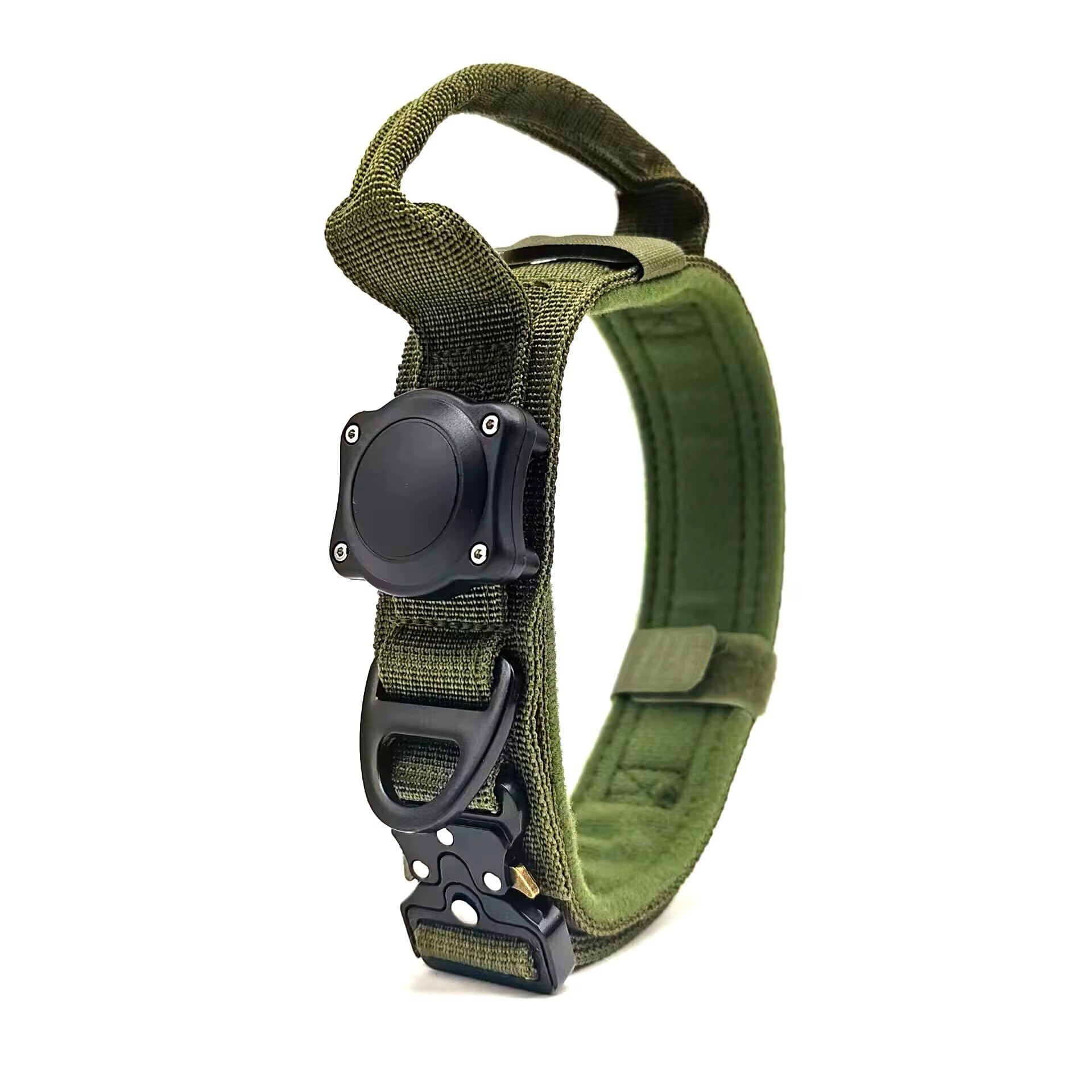 Tactical Dog Collar with AirTag Holder, Control Handle, Heavy-Duty Buckle, 3 Colours (Green, Medium)