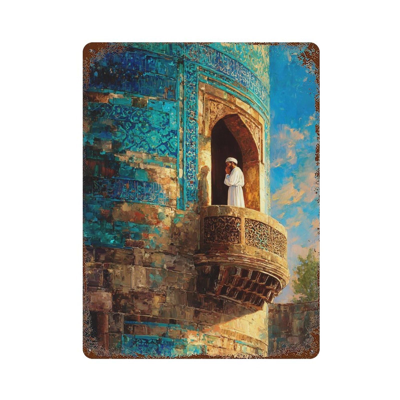 Rust Effect Arabic Architecture Balcony Scene Rustic Tin Plaque 15.7"x11.8", Classic Wall Plaque for Shed, Workshop And Garage Wall Decor