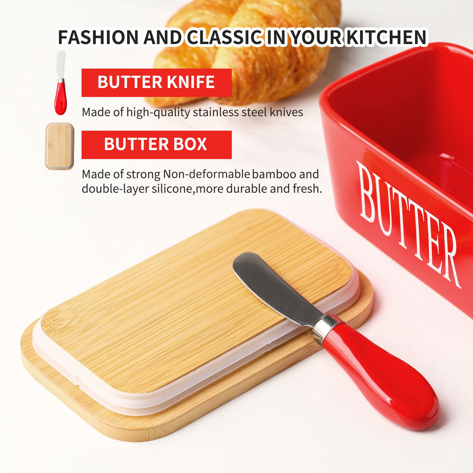 Hasense Butter Dish with Bamboo Lid and Knife,650ml Large Butter Keeper Container for Counter, Airtight Butter Holder with Cover for Kitchen,Red 4
