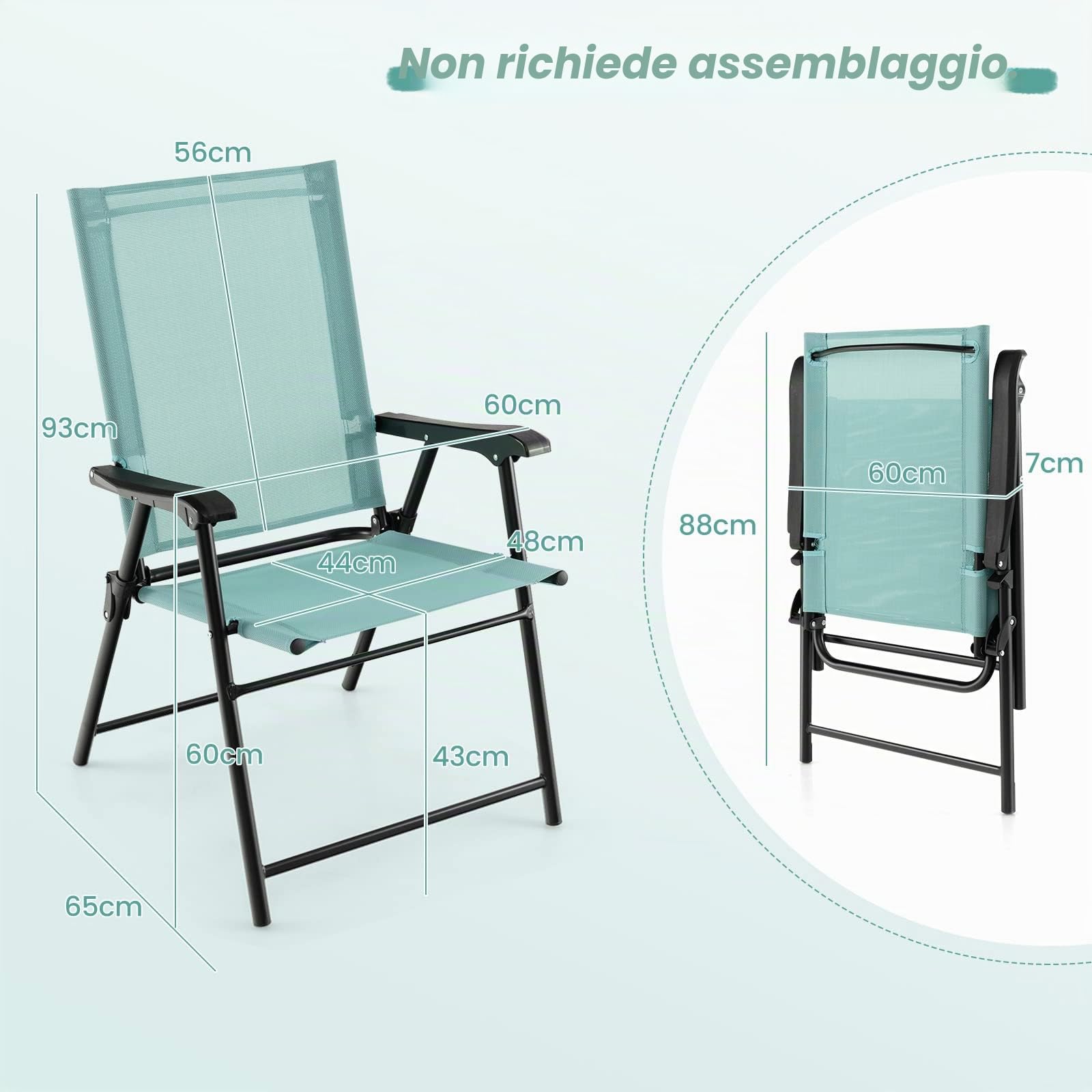 GIANTEX Set di 2 sedie da giardino pieghevoli, con schienale alto e bracciolo, resistenti alle intemperie, in metallo e tessuto, portata fino a 150 kg (verde menta)