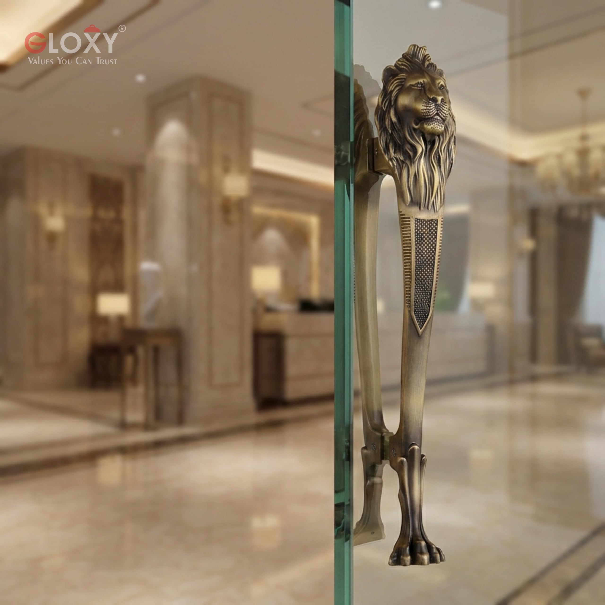 GLOXY Premium Antique 12” Lion Shaped Main Door Handle with 8” Hole-to-Hole Spacing – Decorative Push & Pull Aluminium Wooden & Glass Door Handle for Homes, Hotels, Offices & Banquet Halls - Pack of 1 — Amazon image 2