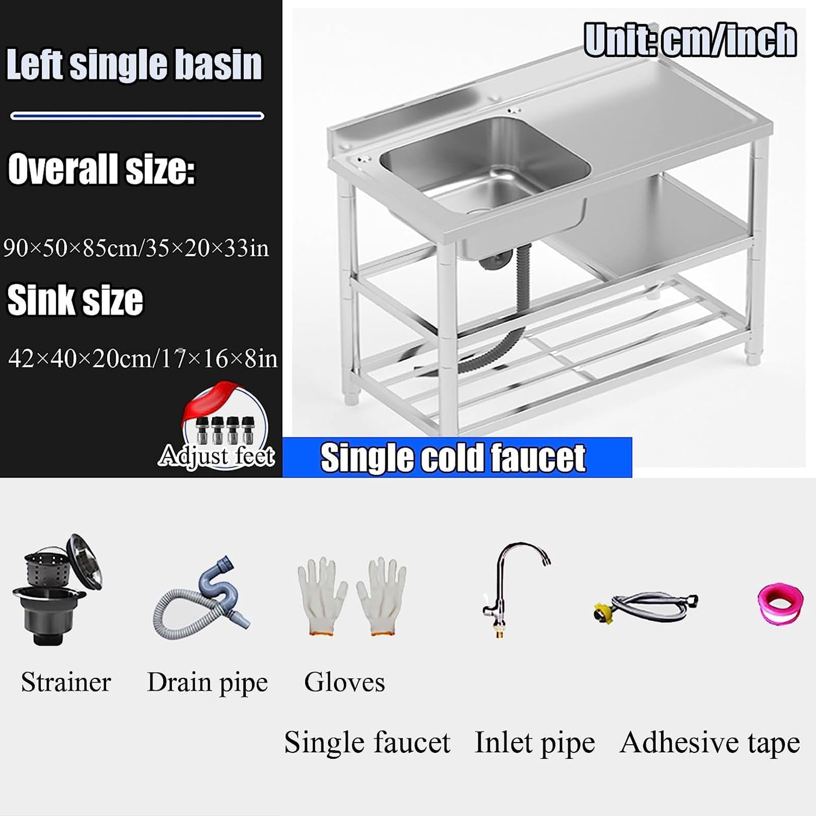 Commercial Kitchen Sink Single Bowl, Free Standing Stainless Steel Washing Station With Water - View #3